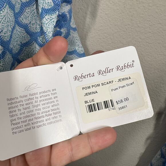 Roberta Roller Rabbit Jemina Pom Pom Scarf Rectangular Blue Floral Cotton - Picture 4 of 6